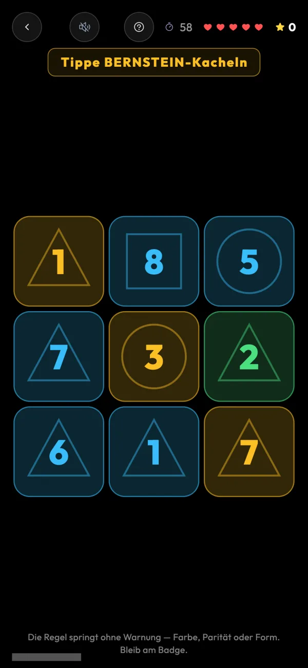 Glitch Rush: Tippe die gelben Felder — bis die Regel wechselt.