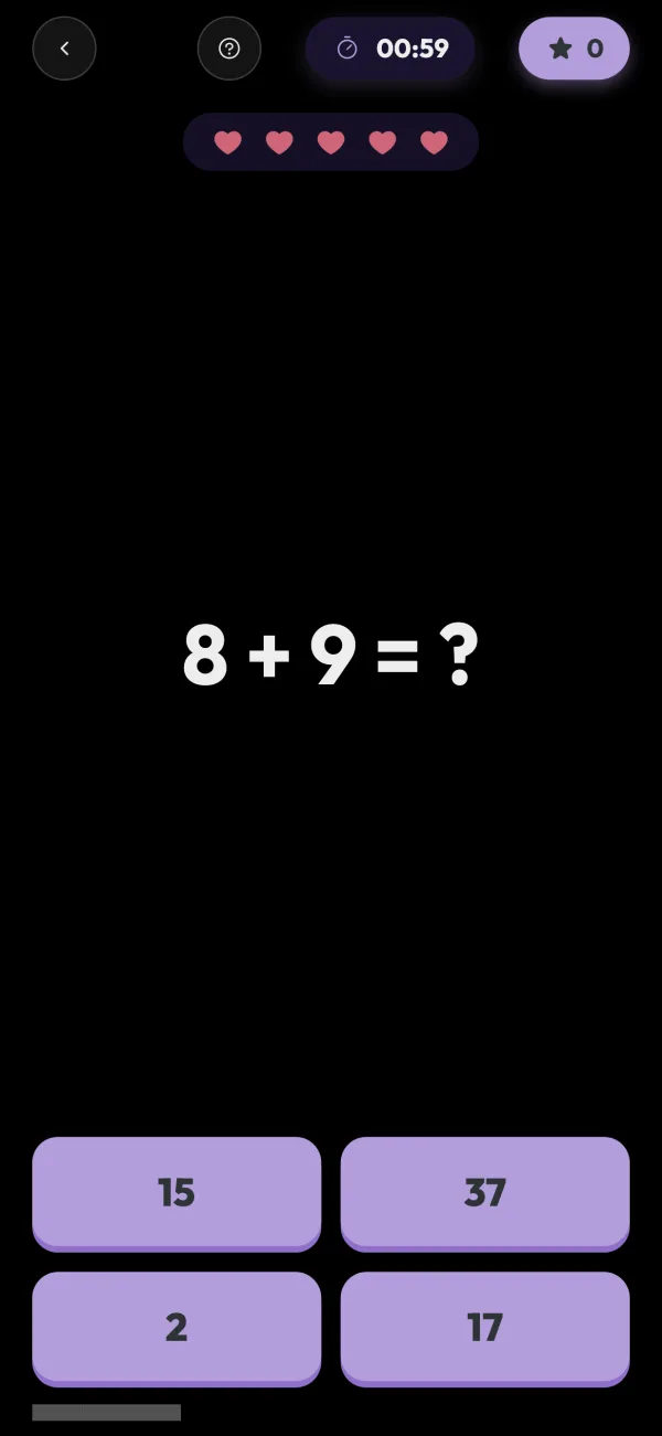 Quick Math: 8 + 9 = ? mit vier Antwortknöpfen.