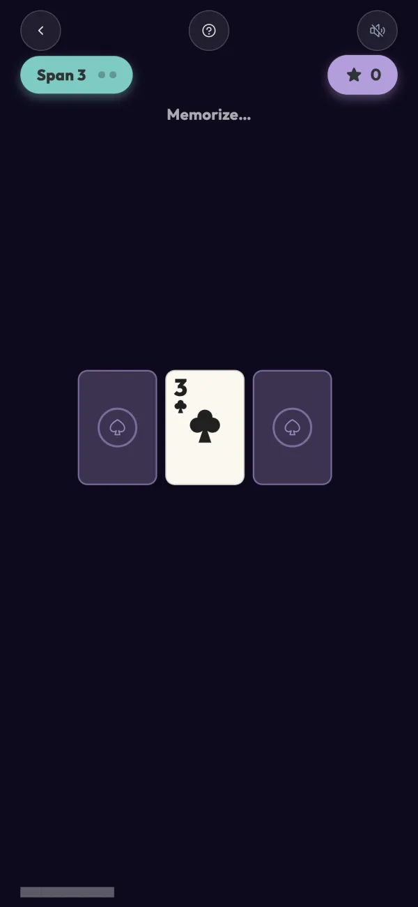 Card Span: a playing card to memorise between two face-down cards.