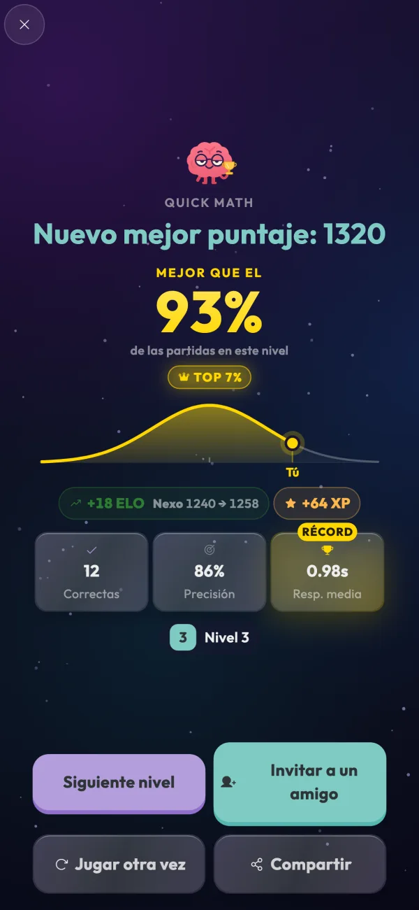 Dos pantallas de la app: un resultado de Quick Math — nuevo récord, mejor que el 93 % de las partidas, +18 Elo — delante de la tabla de la Liga Oro.
